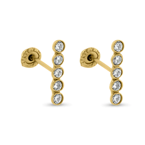 14K Yellow Bar Clear Round CZ Screw Back Earrings Dimensions-1.8mmx9.2mm