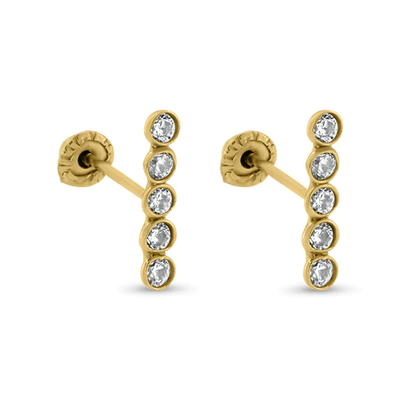 14K Yellow Bar Clear Round CZ Screw Back Earrings Dimensions-1.8mmx9.2mm