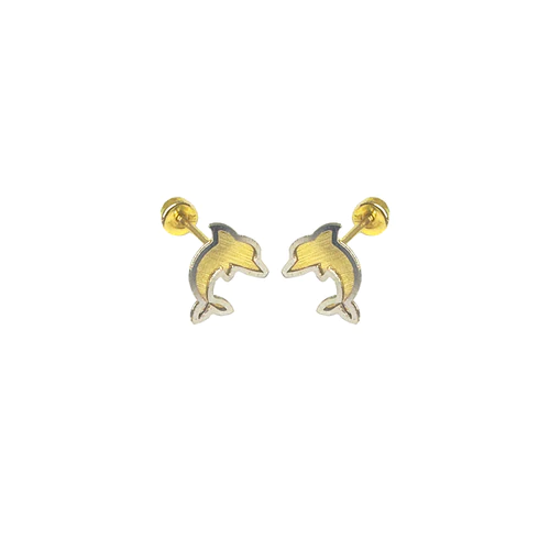 14K Two Toned Dolphin Screw Back Earrings Dimensions-5.1mmx6.5mm