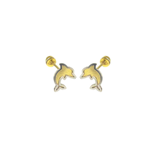 Load image into Gallery viewer, 14K Two Toned Dolphin Screw Back Earrings Dimensions-5.1mmx6.5mm