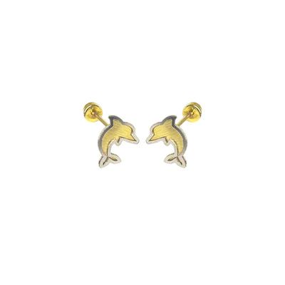 14K Two Toned Dolphin Screw Back Earrings Dimensions-5.1mmx6.5mm