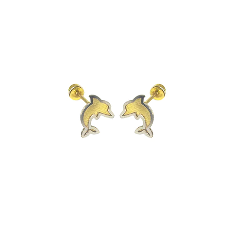 14K Two Toned Dolphin Screw Back Earrings Dimensions-5.1mmx6.5mm