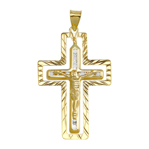 14K Yellow Gold CZ Double Cross Pendant Dimensions-21mmx32mm