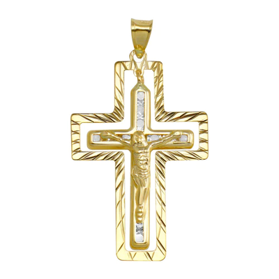 14K Yellow Gold CZ Double Cross Pendant Dimensions-21mmx32mm