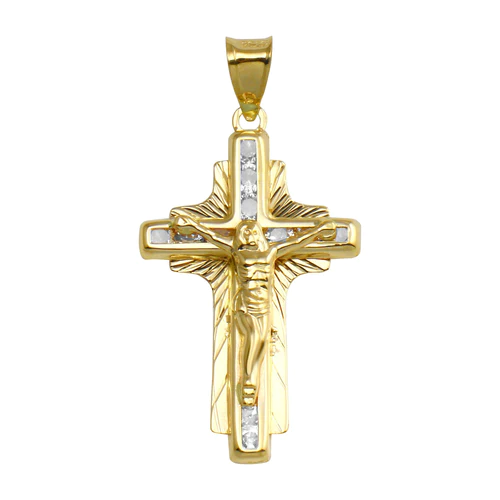 14K Yellow Gold Diamond Cut CZ Cross Pendant Dimensions-16mmx28mm