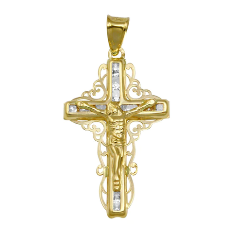 14K Yellow Gold CZ Filigree Cross Pendant Dimensions-16.9mmx28.1mm