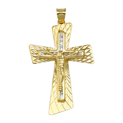 14K Yellow Gold Diamond Cut CZ Cross Pendant Dimensions-22.7mmx35.6mm