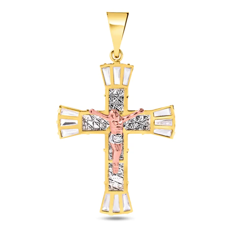 14K Yellow Gold Crucifix Diamond Cut Baguette Clear CZ Pendant Dimensions-27.2mmx34.5mm
