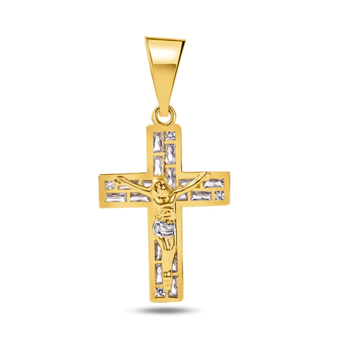 14K Yellow Gold Crucifix Baguette Clear CZ Pendant Dimensions-16.9mmx22.9mm