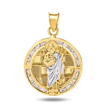 Load image into Gallery viewer, 14K Yellow Gold St Jude Diamond Cut Round Clear CZ Pendant Dimensions-19mm