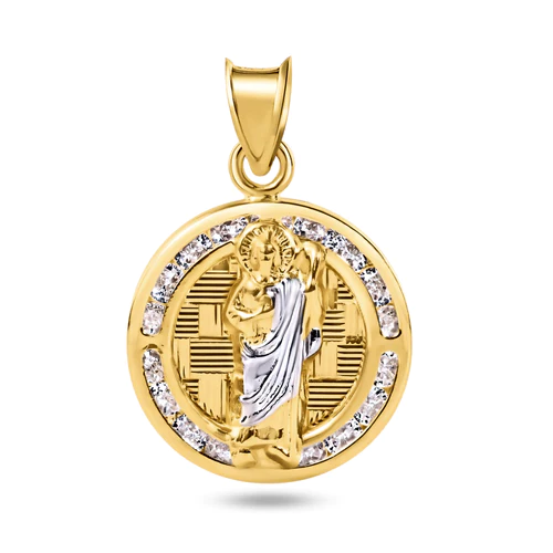 14K Yellow Gold St Jude Clear CZ Diamond Cut Round Pendant Dimensions-15.8mm