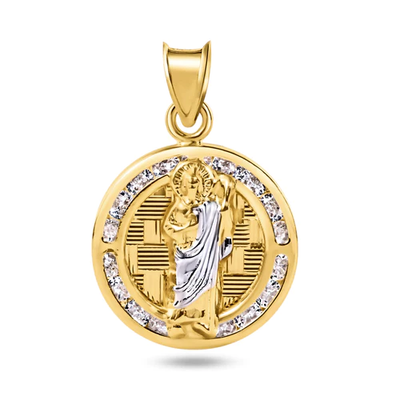 14K Yellow Gold St Jude Clear CZ Diamond Cut Round Pendant Dimensions-15.8mm