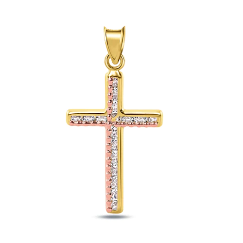 14K Yellow Gold Beaded Cross Clear CZ Pendant Dimensions-16.9mmx29.6mm