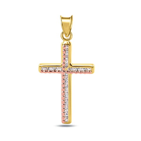 14K Yellow Gold Beaded Cross Clear CZ Pendant Dimensions-16.9mmx29.6mm