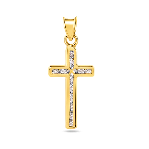 14K Yellow Gold Wavy Cross Clear CZ Pendant Dimensions-12.2mmx25.1mm