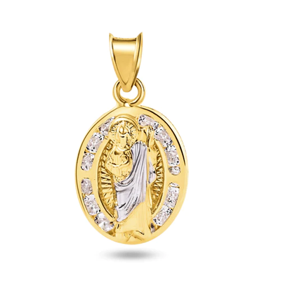 14K Yellow Gold St Jude Two Tone Clear CZ Pendant Dimensions-12.3mmx17.9mm