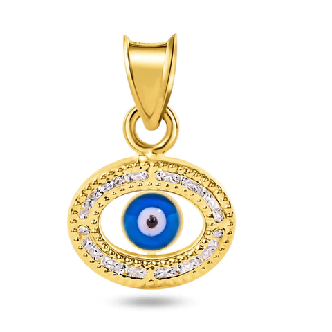 14K Yellow Gold Beaded Evil Eye Clear CZ Pendant Dimensions-11.2mmx8.8mm