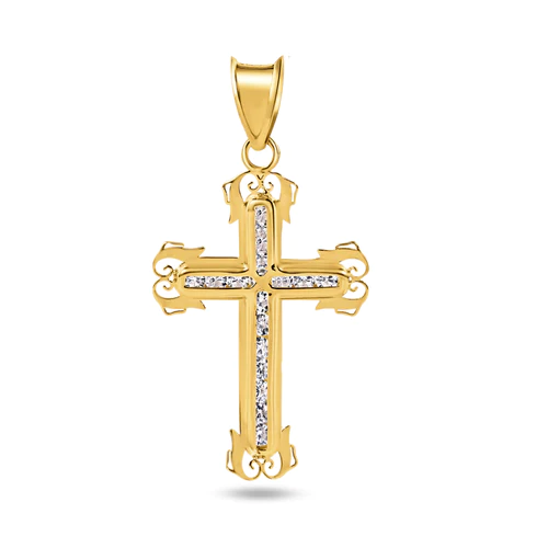14K Yellow Gold Beaded Cross Clear CZ Pendant Dimensions-12.2mmx17.9mm