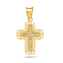 Load image into Gallery viewer, 14K Yellow Gold Beaded Heart Cutout Cross Clear CZ Pendant Dimensions-12.8mmx16.1mm