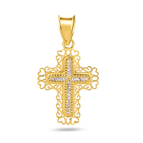 14K Yellow Gold Beaded Heart Cutout Cross Clear CZ Pendant Dimensions-12.8mmx16.1mm