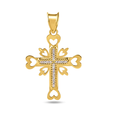 14K Yellow Gold Beaded Cross Heart Cutout Clear CZ Pendant Dimensions-16.3mmx21.3mm
