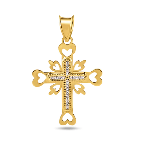 14K Yellow Gold Beaded Cross Heart Cutout Clear CZ Pendant Dimensions-16.3mmx21.3mm