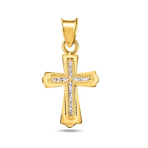 14K Yellow Gold Beaded Bordered Cross Clear CZ Pendant Dimensions-11.9mmx16.4mm