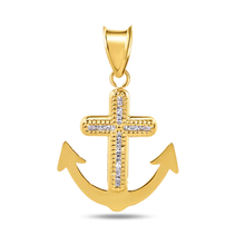 Load image into Gallery viewer, 14K Yellow Gold Anchor Beaded Cross Clear CZ Pendant Dimensions-15.1mmx18.3mm