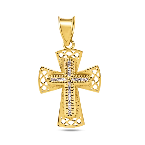 14K Yellow Gold Beaded Cross Clear CZ Pendant Dimensions-13.1mmx18.8mm