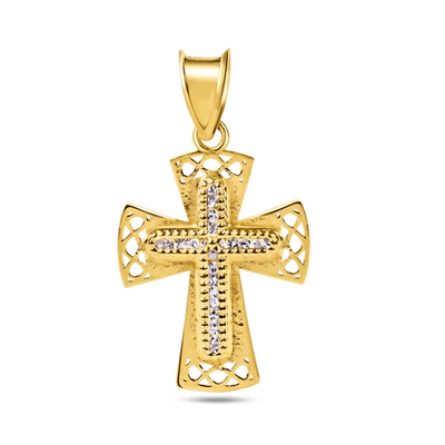14K Yellow Gold Beaded Cross Clear CZ Pendant Dimensions-13.1mmx18.8mm