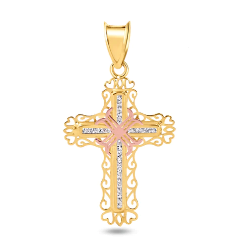 14K Yellow Gold Cross Two Tone Heart Cutout Border Clear CZ Pendant Dimensions-13.1mmx18.8mm