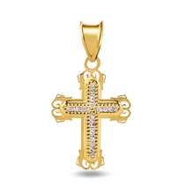Load image into Gallery viewer, 14K Yellow Gold Cross Bordered Clear CZ Pendant Dimensions-14.4mmx22.8mm