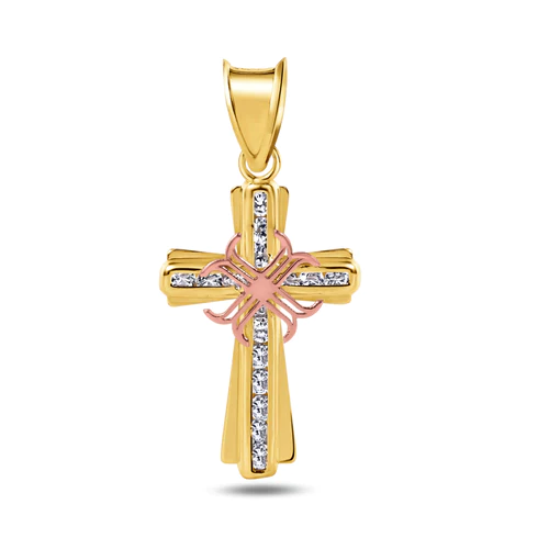 14K Yellow Gold Cross Two Tone Clear CZ Pendant Dimensions-11.6mmx19.8mm
