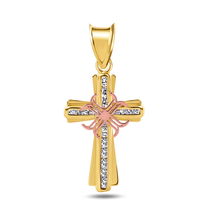 Load image into Gallery viewer, 14K Yellow Gold Cross Two Tone Clear CZ Pendant Dimensions-11.6mmx19.8mm