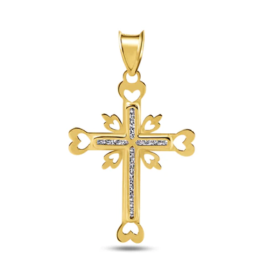 14K Yellow Gold Cross Heart Cutout Clear CZ Pendant Dimensions-18.1mmx25.8mm