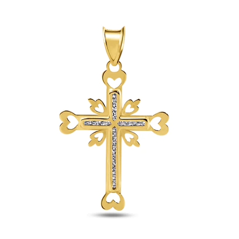 14K Yellow Gold Cross Heart Cutout Clear CZ Pendant Dimensions-18.1mmx25.8mm