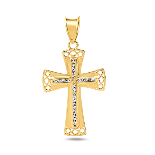 14K Yellow Gold Bordered Cross Clear CZ Pendant Dimensions-15.3mmx23.6mm