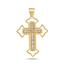 Load image into Gallery viewer, 14K Yellow Gold Bordered Cross Baguette Clear CZ Pendant Dimesions-21.8mmx29.6mm