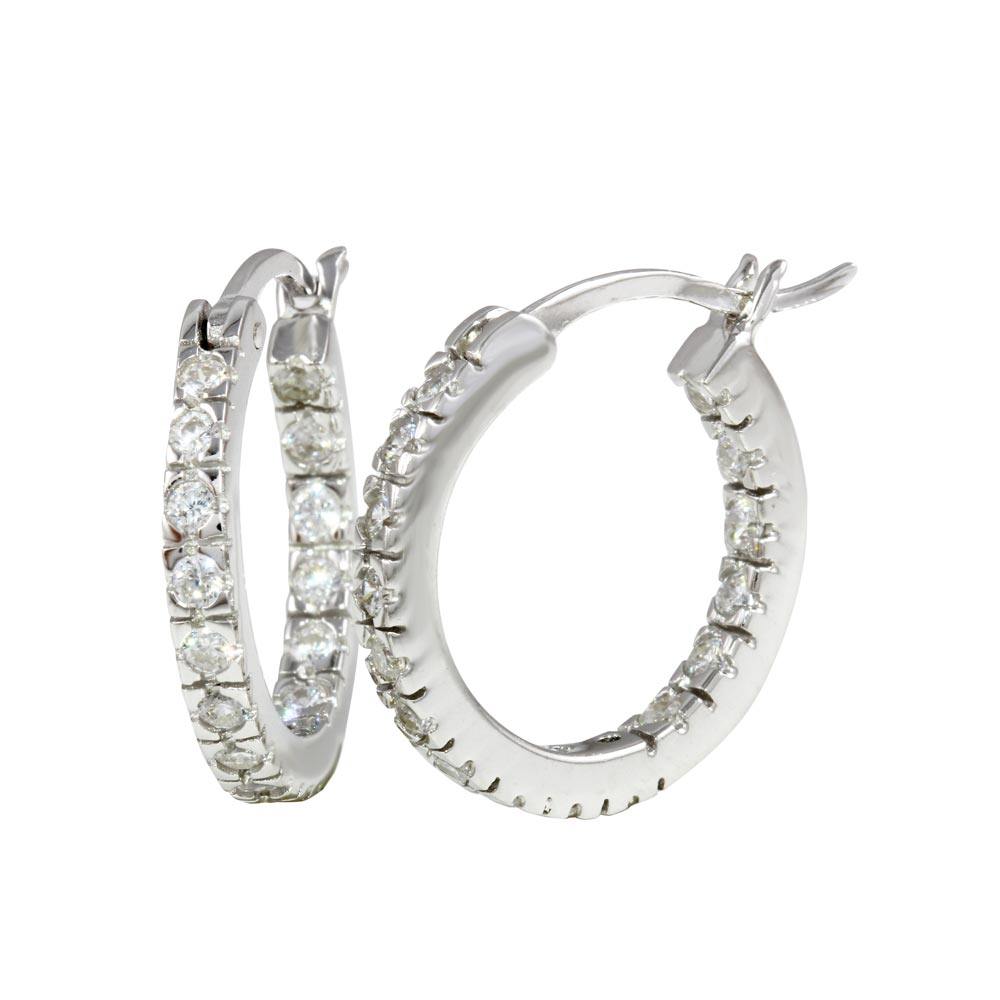 Sterling Silver Rhodium Plated Round 18mm Hoop Earrings With CZ Stones