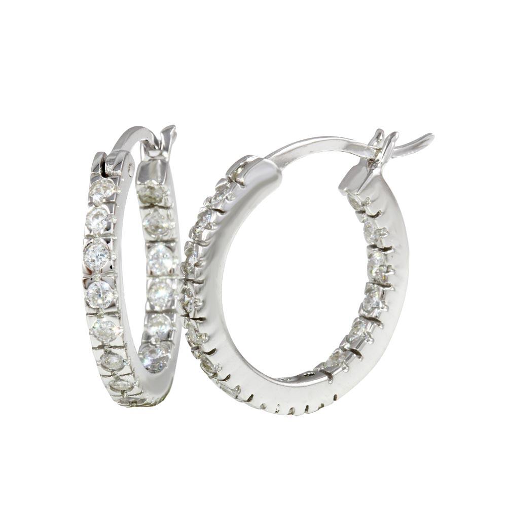 Sterling Silver Rhodium Plated Round 18mm Hoop Earrings With CZ Stones