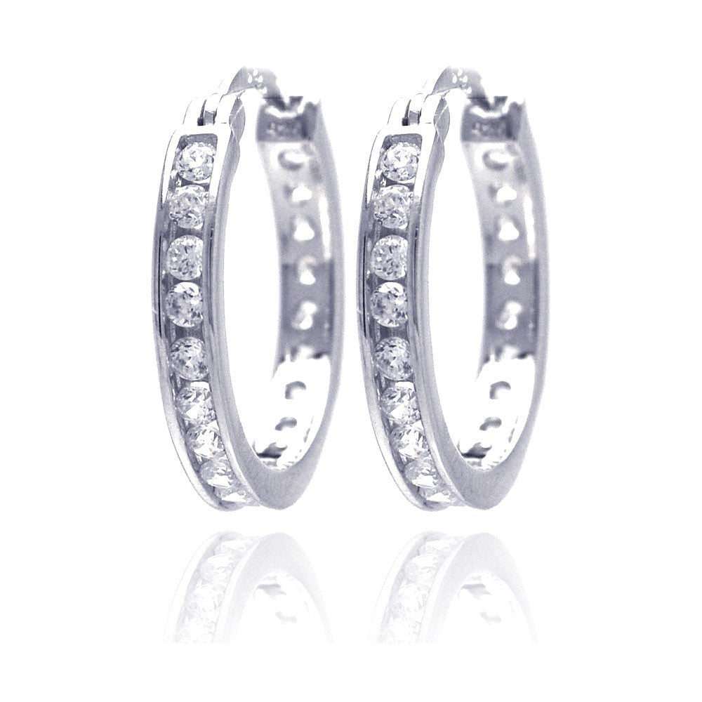 Sterling Silver Rhodium Plated Round Clear CZ  Hoop Earring