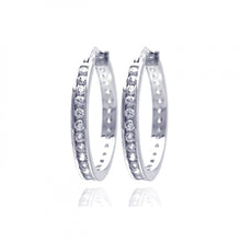 Load image into Gallery viewer, Sterling Silver Rhodium Plated Round Shape  Hoop Earrings With CZ Stones