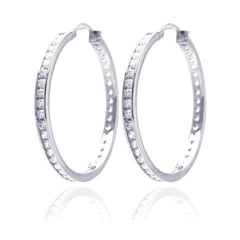 Sterling Silver Rhodium Plated Round Clear CZ  Hoop Earring