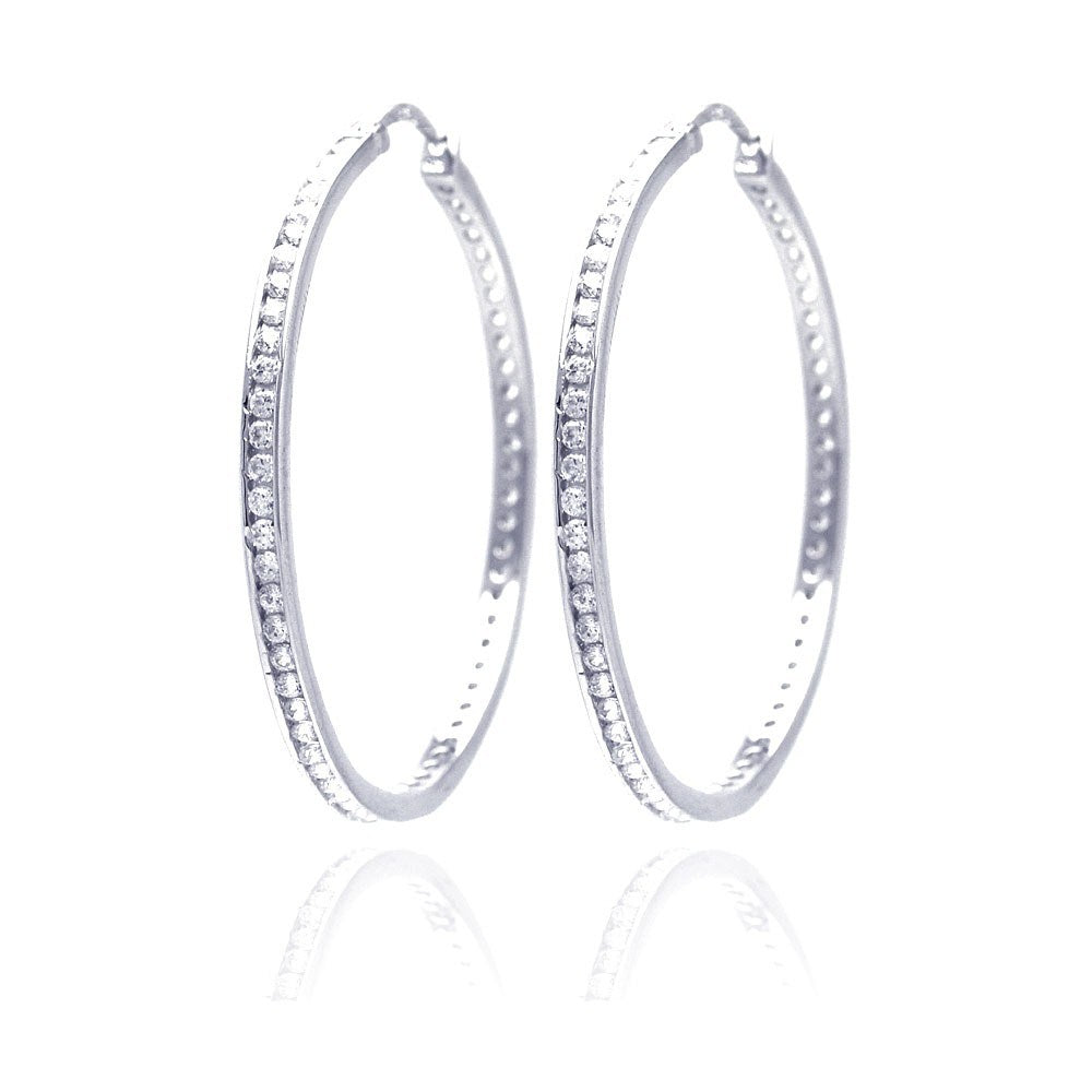 Sterling Silver Rhodium Plated Round Clear CZ  Hoop Earring