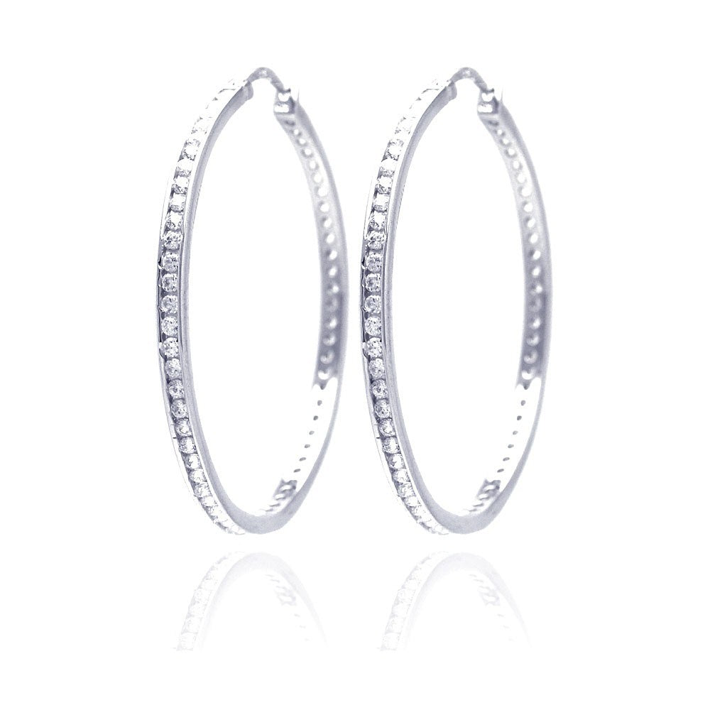 Sterling Silver Rhodium Plated Round Clear CZ  Hoop Earring