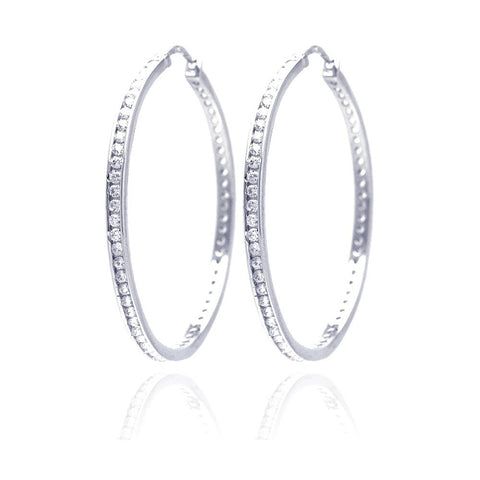 Sterling Silver Rhodium Plated Round Clear CZ  Hoop Earring