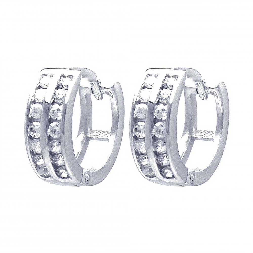 Sterling Silver Nickel Free Rhodium Plated Round Shaped Huggie Earrings With CZ Stones