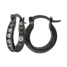 Load image into Gallery viewer, Sterling Silver Black Rhodium Plated 10mm Huggie Hoop Earrings With CZ Stones