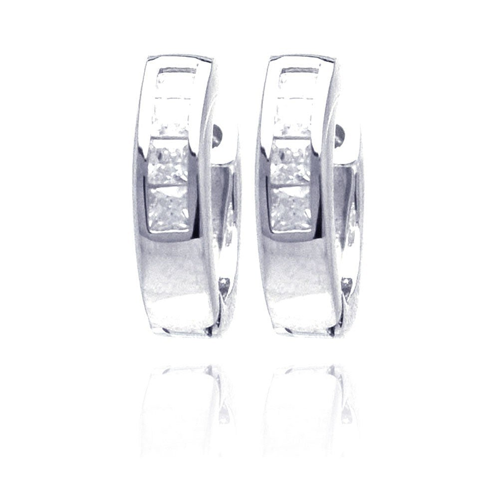 Sterling Silver Rhodium Plated Channel Clear CZ Huggie Earrings