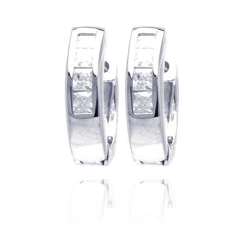 Sterling Silver Rhodium Plated Channel Clear CZ Huggie Earrings